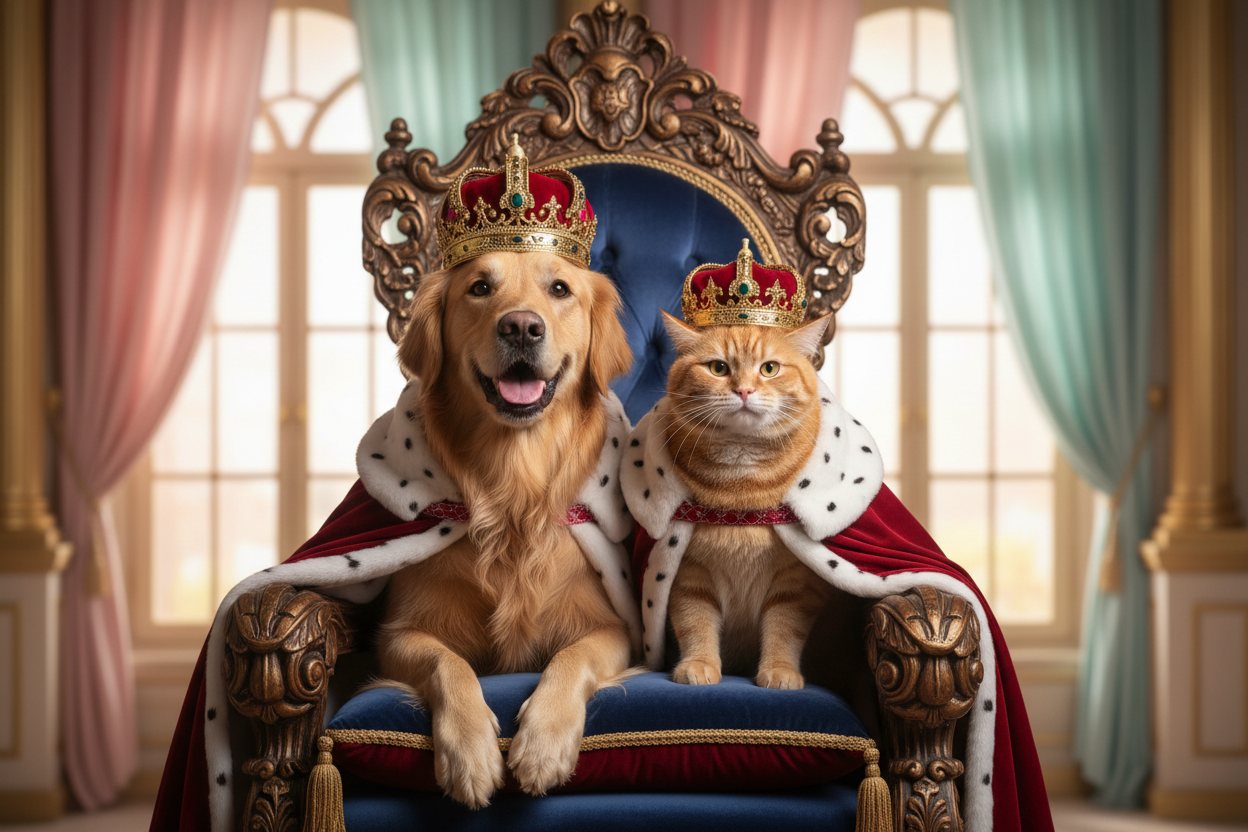 Perro y gato reyes sonriendo en trono